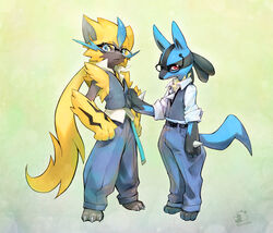  alternative_fashion ambiguous_gender anthro barefoot belt blue_eyes bottomwear clothed clothing duo eyewear feet furgonomic_eyewear furgonomics generation_4_pokemon generation_7_pokemon glasses green_eyes hand_on_chest hi_res j-fashion legendary_pokemon looking_at_viewer lucario nintendo ouji_(fashion) pants pockets pokemon pokemon_(species) red_eyes school_uniform signature simple_background spikes spikes_(anatomy) standing tatotake_mono thumbs_in_pockets topwear uniform vest zeraora 