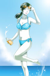  barefoot bikini black_hair blue_bikini bottle breasts colored_skin day female hakia_cosmos highres holding holding_bottle lipstick long_hair lotion makeup navel ocean one_eye_closed outdoors side-tie_bikini_bottom small_breasts standing standing_on_one_leg sunglasses sunscreen super_smash_bros. swimsuit water white_skin wii_fit wii_fit_trainer wii_fit_trainer_(female) 