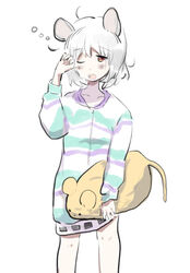  ahoge animal_ears chidori_nekoro commentary_request feet_out_of_frame female grey_hair holding holding_stuffed_toy mouse_ears mouse_tail nazrin nightshirt one_eye_closed open_mouth short_hair sleepwear sleepy squeans stuffed_animal stuffed_mouse stuffed_toy tail touhou yawning 