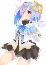  amane_kanata amane_kanata_(1st_costume) angel angel_wings arm_up asymmetrical_bangs asymmetrical_hair black_skirt blue_bow blue_bowtie blue_eyes blue_hair blush bob_cut bow bowtie colored_inner_hair cropped_jacket detached_wings eyes_visible_through_hair feathered_wings female frilled_skirt frills furrowed_brow grey_hair grey_jacket hair_intakes hair_over_eyes hair_over_one_eye halo highres hololive hujikok jacket long_sleeves looking_at_viewer mini_wings miniskirt multicolored_hair sailor_collar short_hair simple_background single_hair_intake skirt sleeves_past_fingers sleeves_past_wrists smile solo star_halo tearing_up virtual_youtuber white_background white_wings wings 