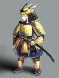  alternate_costume arm_at_side armor bangs blonde_hair blue_pants blunt_bangs double_bun expressionless female from_side full_body grey_background hair_ribbon hair_through_headwear hand_on_sheath helmet highres japanese_armor joutouguu_mayumi kabuto katana kote kusazuri looking_to_the_side muneate pants puffy_pants ribbon samurai scabbard shadow sheath sheathed shoulder_armor simple_background sode solo standing suneate sunyup sword tabi touhou waraji weapon yellow_eyes 