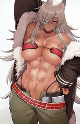  abs absurdres bandeau bb_m0024 belt choker cowboy_shot dark-skinned_female dark_skin eyepatch female fur-trimmed_jacket fur_trim ghislaine_dedoldia green_pants grey_background highleg highleg_panties highres jacket muscular muscular_female mushoku_tensei navel one-eyed open_belt open_pants panties pants red_choker scar scar_on_cheek scar_on_face scar_on_stomach solo twitter_username two-tone_background underwear white_background 