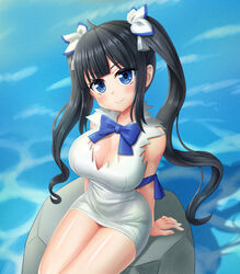  ahoge arm_ribbon arm_support bare_shoulders bell black_hair blue_bow blue_bowtie blue_eyes blue_ribbon blunt_bangs blush bow bowtie breasts cleavage cleavage_cutout closed_mouth clothing_cutout covered_navel cowboy_shot dress dungeon_ni_deai_wo_motomeru_no_wa_machigatteiru_darou_ka els_(ljhlee12) eyes_visible_through_hair female from_above hair_bell hair_ornament hair_ribbon head_tilt hestia_(danmachi) korean_commentary large_breasts long_hair looking_at_viewer looking_up no_gloves oppai_loli pencil_dress rei_no_himo ribbon rock shiny_skin short_dress sidelocks sitting sleeveless sleeveless_dress smile solo thick_thighs thighs twintails very_long_hair water white_dress 