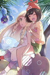  2girls :o anzu_(v0_0v_o0) beanie blonde_hair blush braid carrying closed_eyes cloud commentary_request cosmog day dress eyelashes green_eyes green_shorts hat lillie_(pokemon) long_hair multiple_girls open_mouth outdoors palm_tree piggyback pokemon pokemon_(creature) pokemon_sm red_headwear selene_(pokemon) shirt short_sleeves shorts sky t-shirt teeth tongue tree twin_braids upper_teeth_only white_dress yuri 