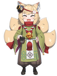  :d ^_^ animal_ear_fluff animal_ears bell black_footwear blush brown_hair brown_hakama closed_eyes commentary_request facing_viewer fangs female fox_ears fox_girl fox_tail full_body green_kimono hakama hakama_pants hand_on_own_hip highres indie_virtual_youtuber japanese_clothes jingle_bell kamiya_ris kimono kitsune kuro_kosyou long_sleeves multiple_tails open_mouth pants shoes short_eyebrows simple_background smile solo standing tail thick_eyebrows virtual_youtuber white_background wide_sleeves 