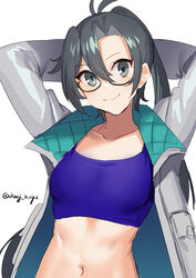  akagi_kurage amagiri_(kancolle) antenna_hair arms_up blue_sports_bra breasts female glasses grey-framed_eyewear grey_eyes grey_hair grey_jacket hair_between_eyes highres jacket kantai_collection long_hair long_sleeves looking_at_viewer midriff navel official_alternate_costume one-hour_drawing_challenge simple_background small_breasts smile solo sports_bra twitter_username upper_body white_background 