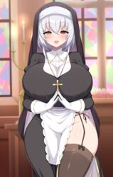  aikome_(haikome) alicia_renato_(yashiro_sousaku) black_bow black_dress black_headwear black_thighhighs blush borrowed_character bow bow_legwear breasts candelabra candlestand church cropped_legs cross cross_necklace curvy dress female garter_straps gloves grey_hair habit hair_between_eyes heterochromia highres huge_breasts indoors jewelry long_sleeves necklace nun open_mouth original plump red_eyes short_hair side_slit smile solo stained_glass thick_thighs thighhighs thighs white_gloves yellow_eyes 