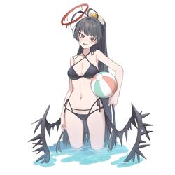  antenna_hair arm_at_side bad_id bad_twitter_id bags_under_eyes ball bare_arms bare_shoulders beachball bikini black_bikini blue_archive blush breasts cleavage criss-cross_halter female hair_intakes hakuhatsu halo halterneck head_tilt highres low_wings medium_breasts multi-strapped_bikini navel open_mouth ponytail red_eyes smile solo swimsuit teeth tsurugi_(blue_archive) tsurugi_(swimsuit)_(blue_archive) wading water white_background wings 