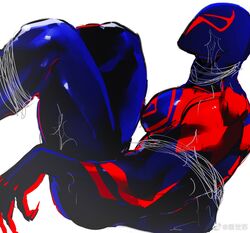  1boy bara blue_bodysuit bodysuit bound bound_legs from_side highres large_pectorals male_focus marvel mrjieshisu muscular muscular_male pectorals print_bodysuit red_bodysuit silk solo spider-man:_across_the_spider-verse spider-man_(2099) spider-man_(series) spider-verse spider_web superhero_costume thick_thighs thighs two-tone_bodysuit 