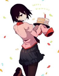  birthday black_eyes black_hair black_pantyhose black_skirt black_undershirt bob_cut brown_footwear cake candle commentary confetti dress_shirt empty_eyes english_commentary female floating_hair food foot_up highres holding holding_cake holding_food holding_tray light_blush loafers looking_at_viewer looking_back monogatari_(series) naoetsu_high_school_uniform nifffi oshino_ougi pale_skin pantyhose pink_shirt pleated_skirt puffy_sleeves school_uniform shirt shoes short_hair simple_background skirt sleeves_past_fingers sleeves_past_wrists smile solo tray turtleneck white_background wind 