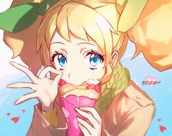  aikatsu! aikatsu!_(series) blonde_hair blue_eyes blush commentary cream cream_on_face crepe female food food_on_face fruit green_ribbons hair_ribbon happy_birthday heart highres holding holding_food looking_at_viewer ok_sign ribbon saegusa_kii simple_background solo strawberry twintails wata_(attaka_towel) 