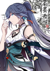  bare_shoulders bird_hair_ornament black_hair blue_eyes blue_hair breasts china_dress chinese_clothes chinese_commentary chinese_new_year cleavage cleavage_cutout clothing_cutout commentary_request detached_sleeves dress earrings fei_luo_mao female fu_hua fu_hua_(azure_empyrea) grey_hair hair_ornament hair_over_one_eye hairpin hanfu high_ponytail highres honkai_(series) honkai_impact_3rd jewelry long_hair looking_at_viewer paintbrush paintbrush_hair_ornament photoshop_(medium) pleated_sleeves ponytail shoulder_cutout single_earring solo very_long_hair white_dress wide_sleeves yin_yang 