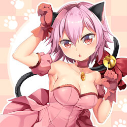  animal_ears bell bow breasts cat_ears cat_tail choker cosplay detached_sleeves dress female gloves highres kantai_collection magical_girl medium_breasts mew_ichigo mew_ichigo_(cosplay) pink_choker pink_dress pink_hair puffy_detached_sleeves puffy_sleeves red_eyes red_gloves short_hair solo strapless strapless_dress tail tail_bell tail_bow tail_ornament tama_(kancolle) tokyo_mew_mew upper_body yasume_yukito 