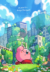  absurdres blue_eyes blue_sky blush building copyright_name day highres kirby kirby_(series) kirby_and_the_forgotten_land moss no_humans one_eye_closed outdoors parted_lips post-apocalypse rariatto_(ganguri) sky skyscraper solo standing 