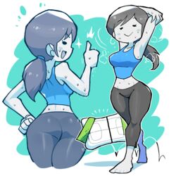  absurdres ass barefoot black_hair blue_eyes breasts capri_pants colored_skin crop_top female grey_eyes highres long_hair looking_at_viewer pants ponytail rariatto_(ganguri) simple_background smile solo tank_top white_skin wii_fit wii_fit_trainer wii_fit_trainer_(female) 