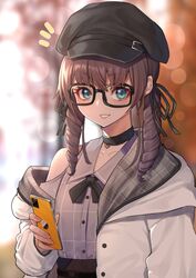  black-framed_eyewear black_bow black_bowtie black_choker black_hat black_ribbon blue_eyes blurry blurry_background bow bowtie brown_hair cellphone choker coat depth_of_field drill_hair female fingernails glasses grey_shirt hair_ribbon hat heart_pendant highres holding holding_phone hololive looking_at_viewer mikan_(chipstar182) nail_polish natsuiro_matsuri natsuiro_matsuri_(casual) notice_lines off_shoulder open_clothes open_coat outdoors parted_lips phone pink_nails ribbon shirt smartphone smile solo twin_drills twintails upper_body virtual_youtuber white_coat 