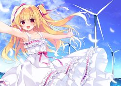  :d armpits bad_id bad_pixiv_id bare_arms bare_shoulders blonde_hair blue_sky blush cloud cloudy_sky collarbone commentary commission day dress feathers female frilled_dress frills hair_intakes hair_ribbon horizon irotoridori_no_sekai long_hair nikaidou_shinku ocean outdoors outstretched_arms purinpurin red_eyes red_ribbon ribbon ribbon-trimmed_dress skeb_commission sky sleeveless sleeveless_dress smile solo spread_arms sundress two_side_up very_long_hair water white_dress white_feathers wind_turbine 