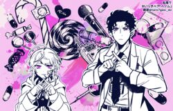  2boys amayado_rei amemura_ramuda bandaid bandaid_on_face black_hair candy closed_mouth food greyscale_with_colored_background hypnosis_mic jacket lollipop male_focus microphone monochrome multiple_boys parody pill pink_background short_hair spot_color style_parody tare7gasi_mi venom_(vocaloid) 