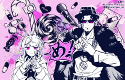  2boys amayado_rei amemura_ramuda bandaid bandaid_on_face black_hair candy crossed_bandaids food greyscale_with_colored_background hat hypnosis_mic jacket jacket_on_shoulders jewelry lollipop male_focus microphone monochrome multiple_boys necklace parody pill pink_background short_hair spot_color style_parody tare7gasi_mi venom_(vocaloid) 