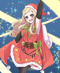  alternate_costume armpits bad_id bad_twitter_id blonde_hair blue_eyes breasts bridal_gauntlets cape christmas female fire_emblem fire_emblem_fates fire_emblem_heroes hat highres luifeh1925 medium_breasts open_mouth ophelia_(fire_emblem) ribbon sack santa_costume santa_hat sparkle 