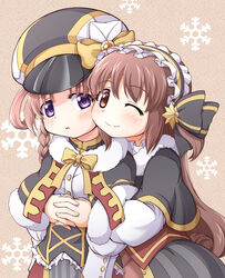  2girls absurdres brown_eyes brown_hair capelet cheek-to-cheek frills fur-trimmed_capelet fur_trim hat heads_together headwear_request highres hiiragi_nemu hiiragi_nemu_(holy_night_ver.) hug hug_from_behind magia_record:_mahou_shoujo_madoka_magica_gaiden magical_girl mahou_shoujo_madoka_magica multiple_girls nakadaira0328 one_eye_closed purple_eyes ribbon satomi_touka satomi_touka_(holy_night_ver.) smile soul_gem 