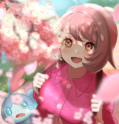  :d bad_id bad_pixiv_id blurry bob_cut breasts brown_eyes brown_hair buttons collared_dress commentary_request day dress female gloria_(pokemon) grass hat holding_strap lens_flare no_cardigan open_mouth outdoors partial_commentary pink_dress pink_headwear pokemon pokemon_(creature) pokemon_swsh setta_shu short_hair smile sobble tam_o&#039;_shanter tongue 