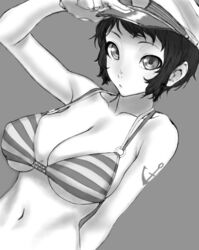  anchor_symbol anchor_tattoo arm_between_breasts bare_shoulders between_breasts bikini breasts cleavage closed_mouth collarbone dutch_angle female gishu grey_background greyscale hand_on_headwear hand_up hat highres large_breasts looking_at_viewer monochrome multi-strapped_bikini murasa_minamitsu navel peaked_cap persona short_hair sidelocks simple_background solo strap_gap striped_bikini striped_clothes swimsuit tattoo touhou underboob upper_body 