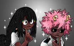  2girls alternate_skin_color ashido_mina asui_tsuyu black_eyes black_hair boku_no_hero_academia colorized comic_panel_redraw dark-skinned_female dark_skin derivative_work dreadlocks grey_background horns imonly5feet jpeg_artifacts multiple_girls pink_hair pink_nails school_uniform short_hair sparkle third-party_edit very_dark_skin yellow_pupils 