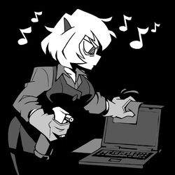  black_background bottle breasts cleaning closed_mouth computer cowboy_shot demon_girl demon_horns eighth_note female gloves greyscale helltaker holding holding_bottle horns laptop large_breasts long_sleeves malina_(helltaker) monochrome musical_note pantyhose shirt solo vanripper vest 