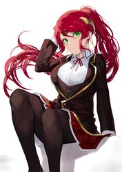  arm_behind_head arm_support arm_up black_jacket black_pantyhose breasts brown_vest circlet closed_mouth commentary_request diadem feet_out_of_frame female floating_hair green_eyes hair_between_eyes highres jacket large_breasts long_sleeves neck_ribbon pantyhose pleated_skirt ponytail pyrrha_nikos red_hair red_ribbon red_skirt ribbon rwby shadow skirt smile solo vest white_background yappen 