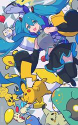  :d ampharos aqua_eyes aqua_hair balloon bare_shoulders bellibolt black_footwear black_skirt blush boots chinchou collared_shirt colored_sclera commentary_request crossover denki_yohou_(vocaloid) detached_sleeves female floating_hair grey_shirt hatsune_miku highres hsin long_hair mimikyu minun miraidon navel open_mouth pikachu pleated_skirt plusle pokemon pokemon_(creature) project_voltage shirt skirt smile thigh_boots togedemaru twintails vocaloid yellow_sclera 