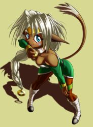  accessory aisha_clanclan animal_humanoid bell blue_eyes breasts clothed clothing collar ctarl-ctarl dark_body dark_skin felid felid_humanoid female hair headband hi_res humanoid long_ears mammal mammal_humanoid outlaw_star ponytail simple_background solo stabbzycat tail tail_tuft tuft white_hair 