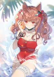  angelina_(arknights) angelina_(summer_flower)_(arknights) animal_ears arknights arm_behind_back bare_shoulders blush bracelet breasts brown_hair casual_one-piece_swimsuit chains cleavage closed_mouth collar collarbone commentary covered_navel cowboy_shot cup cup_to_cheek domotolain drink drinking_glass earrings english_commentary female fox_ears hair_ribbon highres holding holding_cup infection_monitor_(arknights) jewelry large_breasts long_hair looking_at_viewer necklace official_alternate_costume one-piece_swimsuit red_eyes red_one-piece_swimsuit red_ribbon ribbon see-through smile solo swimsuit swimsuit_cover-up thigh_strap thighs twintails wading water water_drop 