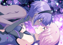  2girls bare_shoulders black_gloves black_hairband black_leotard breasts cleavage_cutout clothing_cutout dark-skinned_female dark_skin elbow_gloves fate/grand_order fate_(series) gloves grabbing grabbing_another&#039;s_breast hairband hassan_of_serenity_(fate) highres large_breasts leotard light_purple_hair mash_kyrielight medium_breasts multiple_girls open_mouth profile purple_eyes purple_hair sakura_tsubame short_hair sidelocks yuri 