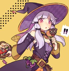  ! !! :o alternate_costume apple bare_shoulders basket belt belt_buckle blush breasts brown_belt buckle candy cleavage detached_sleeves dress female fingernails fire_emblem fire_emblem:_three_houses food fruit grapes haconeri hair_ornament halloween halloween_costume hat holding holding_basket holding_candy holding_food holding_lollipop lollipop long_hair looking_at_viewer lysithea_von_ordelia open_mouth pink_eyes purple_dress purple_hat purple_sleeves sidelocks sleeveless sleeveless_dress small_breasts solo speech_bubble sweatdrop tongue veil white_hair wide_sleeves witch witch_hat yellow_background 