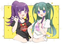  2girls :d black_shirt blue_eyes blunt_bangs blunt_ends blush commentary cropped_torso folding_fan green_hair hachimu_yan hanazono_shuka hand_fan hand_up high_ponytail highres holding holding_fan idol_time_pripara long_hair looking_at_viewer midriff multiple_girls ok_sign open_mouth pretty_series pripara purple_eyes purple_hair shirt short_sleeves smile sparkle symbol-only_commentary t-shirt tied_shirt tsukikawa_chili two_side_up upper_body white_shirt 