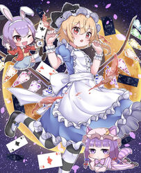  3girls :o ace_(playing_card) ace_of_clubs ace_of_hearts ace_of_spades alice_(alice_in_wonderland) alice_(alice_in_wonderland)_(cosplay) alice_in_wonderland animal_ears apron arms_up ascot bat_wings black_footwear blonde_hair blue_dress blue_skirt blunt_bangs bored brown_footwear card cat_ears cat_tail chibi club_(shape) commentary_request cosplay crescent crescent_hat_ornament diamond_(shape) dress ears_through_headwear elbow_rest fake_animal_ears flandre_scarlet foot_out_of_frame full_moon hair_between_eyes hand_on_own_face hat hat_ornament heart highres holding holding_pocket_watch holding_umbrella jacket kemonomimi_mode kneehighs leg_lift looking_at_viewer lying mary_janes mob_cap moon multiple_girls oerba_yun_fang on_stomach one_eye_closed open_clothes open_jacket open_mouth outstretched_legs pantyhose partial_commentary patchouli_knowledge petals petticoat pink_headwear playing_card pocket_watch pointy_ears puffy_short_sleeves puffy_sleeves purple_eyes purple_hair rabbit_ears red_ascot red_eyes red_jacket remilia_scarlet remitei03 sash shirt shoes short_hair short_sleeves skirt sky socks spade_(shape) standing standing_on_one_leg star_(sky) starry_sky striped_capelet striped_clothes striped_dress striped_pantyhose striped_tail tail touhou two_of_diamonds umbrella watch white_headwear white_legwear wings wrist_cuffs yellow_shirt 