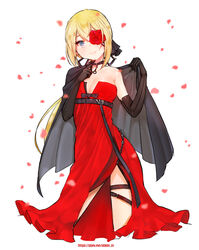  abide_in bare_shoulders black_cape blonde_hair blue_eyes bow breasts cape cleavage cowboy_shot dress elbow_gloves eyepatch female finger_to_own_chin flower flower_eyepatch girls&#039;_frontline gloves highres medium_breasts official_alternate_costume petals ponytail red_dress rose rose_petals side_slit skorpion_(crimson_starlet)_(girls&#039;_frontline) skorpion_(girls&#039;_frontline) sleeveless sleeveless_dress smile solo thigh_strap white_background 