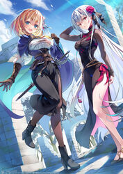  2girls ankle_boots arm_behind_head artist_name belt belt_pouch black_dress blonde_hair blood_princess_(goblin_slayer) blue_eyes blue_sky blush boots braid breasts cape cloud commentary_request covered_navel day dress elbow_gloves fingernails frills full_body gloves goblin_slayer! goblin_slayer-another_adventurer-nightmare_feast guild_master_(goblin_slayer) hair_ornament hand_up high_heel_boots high_heels highres long_hair long_skirt long_sleeves looking_at_viewer medium_breasts medium_hair multiple_girls necktie official_art open_mouth outdoors panties pantyhose petals pouch rapier red_eyes ribbon sheath sheathed shiny_skin shoes side_slit skirt sky smile sunlight sword teeth thighs tomose_shunsaku turtleneck underwear upper_teeth_only weapon white_hair 