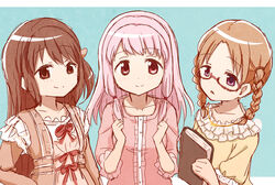  3girls book braid brown_hair frills glasses highres hiiragi_nemu magia_record:_mahou_shoujo_madoka_magica_gaiden mahou_shoujo_madoka_magica multiple_girls pajamas parted_lips piatin pink_eyes pink_hair purple_eyes ribbon satomi_touka smile tamaki_ui 