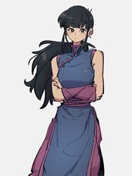  black_eyes black_hair black_outline blue_dress blunt_bangs breasts chi-chi_(dragon_ball) china_dress chinese_clothes closed_mouth commentary_request contrapposto crossed_arms dragon_ball dragon_ball_(classic) dress eyelashes facing_viewer feet_out_of_frame female floating_hair grey_background high_collar kemachiku large_breasts long_hair outline pants pink_pants pink_wristband ponytail pout serious side_slit sidelocks sideways_glance simple_background sleeveless sleeveless_dress solo standing v-shaped_eyebrows wristband 