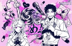  2boys amayado_rei amemura_ramuda bandaid bandaid_on_face black_hair candy crossed_bandaids food greyscale_with_colored_background hypnosis_mic jacket jewelry lollipop male_focus microphone monochrome multiple_boys necklace parody pink_background short_hair spot_color style_parody tare7gasi_mi venom_(vocaloid) 