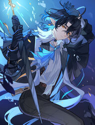  1boy absurdres arknights belt bishounen black_gloves black_hair blue_gloves blue_neckerchief blue_theme cowboy_shot ear_piercing fish_boy formal freckles gloves hand_up highres infection_monitor_(arknights) looking_at_viewer lumen_(arknights) male_focus neckerchief orange_eyes piercing shirt short_hair suit umbrella underwater water white_shirt yingu494 