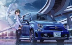  aircraft airplane black_thighhighs blush building car cityscape closed_mouth coat commentary female fence fiat fiat_500 green_eyes green_hair green_neckerchief green_skirt hair_ribbon highres highway hinamizawa_kurumi holding holding_umbrella kneehighs license_plate looking_to_the_side motor_vehicle neckerchief outdoors overpass plaid plaid_skirt png_pant_(bus) pygmalion._(group) rain reflection ribbon school_uniform serafuku shoes skirt smile socks solo standing thighhighs umbrella vehicle_focus virtual_youtuber white_coat zettai_ryouiki 