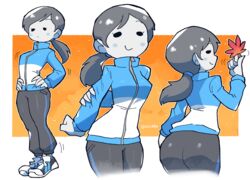  absurdres ass black_pants blush_stickers closed_mouth colored_skin female full_body grey_hair grey_skin highres holding holding_leaf jacket leaf long_sleeves looking_at_viewer multiple_views pants ponytail rariatto_(ganguri) shoes smile wii_fit wii_fit_trainer wii_fit_trainer_(female) 