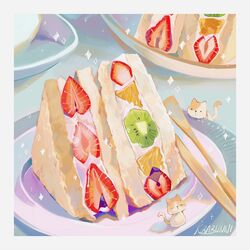  border english_commentary feline food food_focus fruit fruit_sandwich highres kirabunni kiwi_(fruit) no_humans original plate sparkle strawberry undersized_animal whipped_cream white_border 