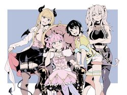  4girls ahoge animal_ears black_hair blonde_hair breasts cleavage commentary_request crown demon_girl demon_horns demon_tail demon_wings ear_piercing fur_trim garter_belt grey_hair hair_between_eyes hair_ornament himemori_luna himemori_luna_(1st_costume) hololive horns jacket lab_coat lion_ears lion_girl lion_tail long_hair looking_at_viewer multiple_girls oozora_subaru oozora_subaru_(1st_costume) open_mouth oversized_clothes oversized_shirt piercing pink_hair pointy_ears shio_koneno shirt shishiro_botan shishiro_botan_(1st_costume) short_hair shorts sitting skirt striped_clothes striped_shirt subachocolunatan_(hololive) t-shirt tail tail_wrap thighhighs throne vertical-striped_clothes vertical-striped_shirt virtual_youtuber white_shirt wings yellow_shirt yuzuki_choco yuzuki_choco_(1st_costume) 