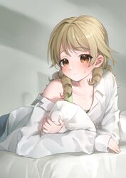  absurdres bed_sheet blonde_hair blush borrowed_clothes commentary_request embarrassed female frown highres hugging_object idolmaster idolmaster_cinderella_girls looking_at_viewer lying morikubo_nono ningen_mame on_stomach oversized_clothes oversized_shirt pillow pillow_hug ringlets shirt shirt_slip single_bare_shoulder sleeves_past_wrists solo sweatdrop white_shirt 