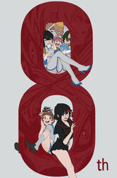  3boys 4girls anniversary black_footwear black_hair blonde_hair blue_eyes blue_hair bob_cut boots breasts brown_eyes brown_footwear brown_hair canine cleavage collarbone commentary cup drinking english_commentary epaulettes from_side fur_collar gamagoori_ira glasses green_hair guts_(kill_la_kill) hand_on_another&#039;s_head hat high_collar high_heels highres holding holding_cup holding_saucer hong_doo inumuta_houka jakuzure_nonon kill_la_kill kiryuuin_ragyou kiryuuin_satsuki loafers long_hair looking_at_another looking_at_viewer looking_down mankanshoku_mako matoi_ryuuko microskirt multicolored_hair multiple_boys multiple_girls pink_hair pleated_skirt red_hair sanageyama_uzu saucer school_uniform serafuku shako_cap shoes short_hair skirt socks straddling suspenders sweat thigh_boots thighhighs thighs two-tone_hair white_background white_socks 