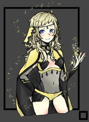  ahoge bad_id bad_twitter_id blonde_hair blue_eyes breasts bridal_gauntlets cape circlet female fire_emblem fire_emblem_fates grey_background hair_ornament hand_on_own_hip long_hair luifeh1925 medium_breasts navel ophelia_(fire_emblem) sparkle thighs turtleneck upper_body 